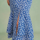 Blue Floral Mermaid Midi Skirt