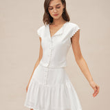 White Button Ruched Mini Skirt