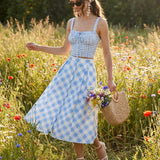 Blue Plaid Button Midi Skirt