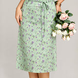 Green Floral Tie Straight Skirt