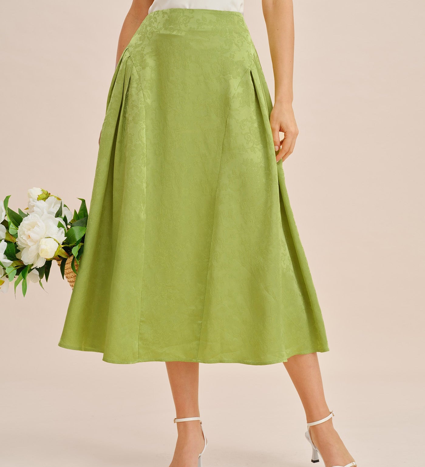Green Jacquard Ruched Satin Midi Skirt