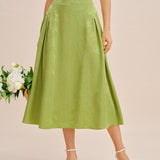 Green Jacquard Ruched Satin Midi Skirt