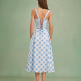 Blue Plaid Button Midi Skirt