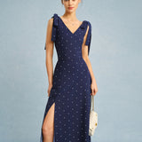 Navy Polka Dot Slit Midi Skirt