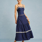 Navy Polka Dot Lace Midi Skirt