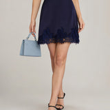 Blue Lace Satin Mini Skirt
