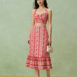 Red Floral Ruched Midi Skirt