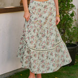 Green Floral A-Line Midi Skirt