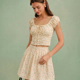 Yellow Embroidery Floral Mini Skirt