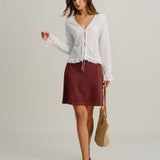 Red Suede Straight Slit Mini Skirt