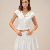 White Button Ruched Mini Skirt