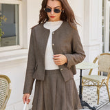 Brown A-Line Pockets Pleated Mini Skirt