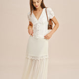 Off White Splicing Flowy Midi Skirt
