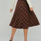 Red Plaid Floral Midi Skirt