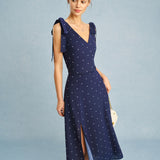 Navy Polka Dot Slit Midi Skirt