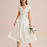 White Lace Splicing Elastic Waist Midi Skirt