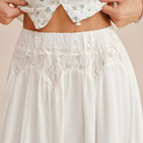 White Lace Splicing Elastic Waist Midi Skirt