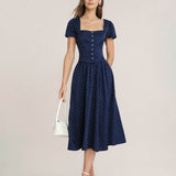 Blue Polka Dot Pockets Midi Skirt