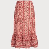 Red Floral Ruched Midi Skirt