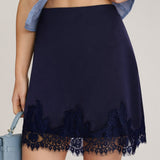 Blue Lace Satin Mini Skirt