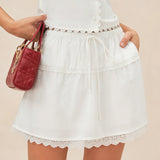 White Splicing Elastic Waist Mini Skirt
