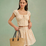 Yellow Embroidery Floral Mini Skirt