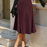 Wine Red Natural Waisted A-Line Midi Skirt