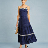 Navy Polka Dot Lace Midi Skirt