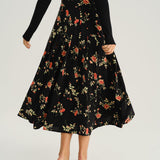 Black Floral A-Line Midi Skirt