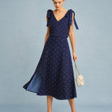 Navy Polka Dot Slit Midi Skirt