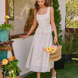Beige Floral Slit Midi Skirt