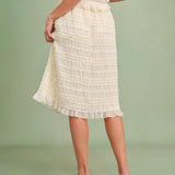 Apricot Elastic Waist Shirred Midi Skirt