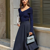Navy A-Line Pocket Midi Skirt