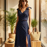 Navy Polka Dot Slit Midi Skirt
