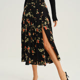 Black Floral A-Line Midi Skirt