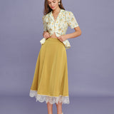 Yellow Lace Satin Midi Skirt