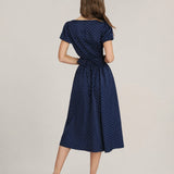 Blue Polka Dot Pockets Midi Skirt