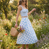 Blue Plaid Button Midi Skirt