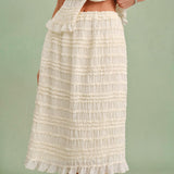 Apricot Elastic Waist Shirred Midi Skirt