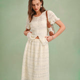 Apricot Elastic Waist Shirred Midi Skirt