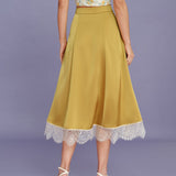 Yellow Lace Satin Midi Skirt