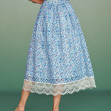Blue Floral Lace A-Line Skirt