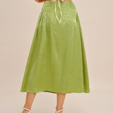 Green Jacquard Ruched Satin Midi Skirt