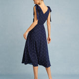 Navy Polka Dot Slit Midi Skirt