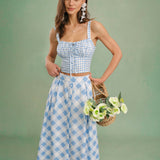 Blue Plaid Button Midi Skirt