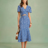 Blue Floral Mermaid Midi Skirt