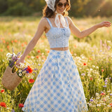 Blue Plaid Button Midi Skirt