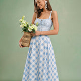 Blue Plaid Button Midi Skirt