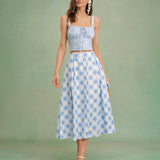 Blue Plaid Button Midi Skirt