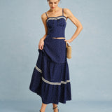 Navy Polka Dot Lace Midi Skirt